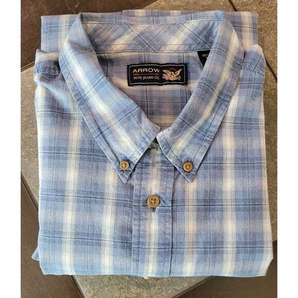 Arrow Shirt Mens Large Blue Check Button Down 100% Cotton Casual Short Sleeve - Picture 10 of 11